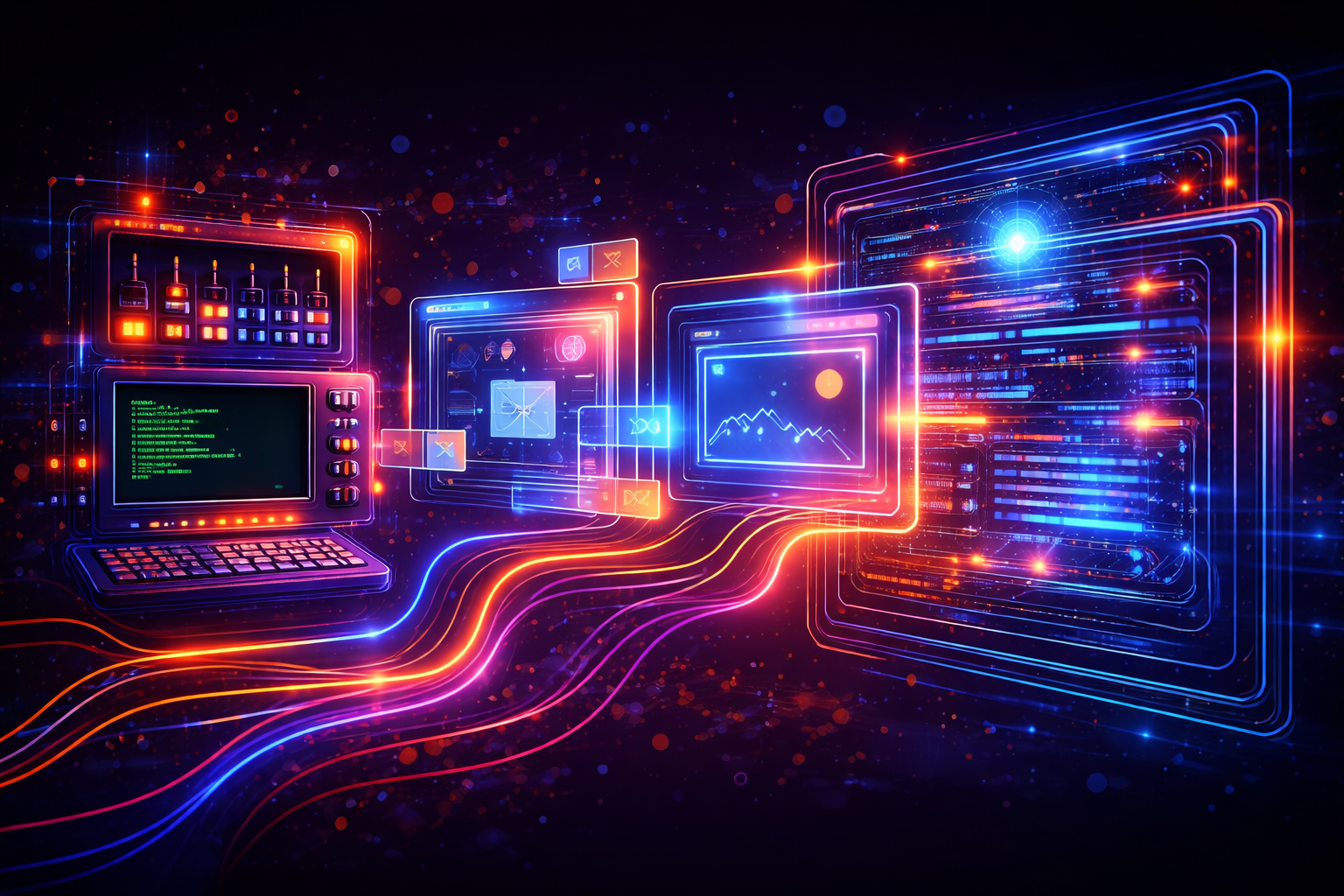 Interfejsy użytkownika w neonowych barwach Interfejsy komputerowe i aplikacje połączone neonowymi światłami na ciemnym tle