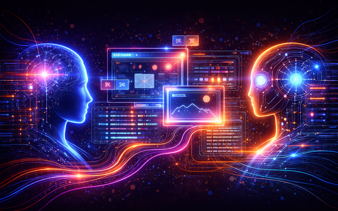 Dwa cyfrowe profile głów z aktywnymi obwodami i interfejsami użytkownika między nimi