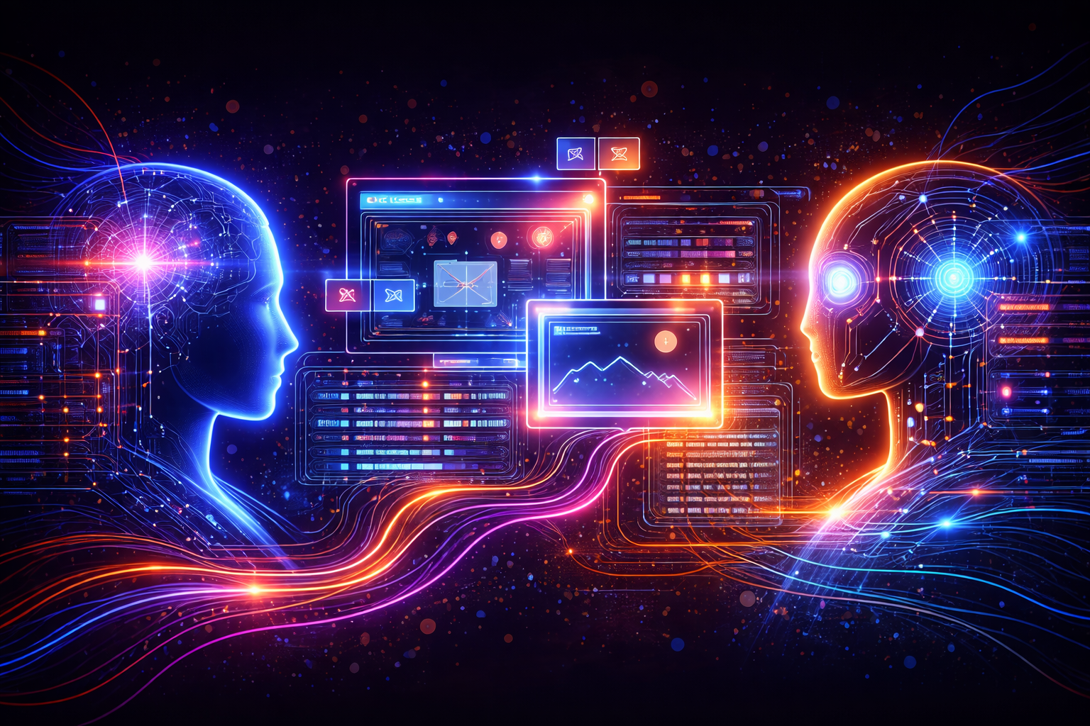 Cyfrowe profile i interfejsy Dwa cyfrowe profile głów z aktywnymi obwodami i interfejsami użytkownika między nimi