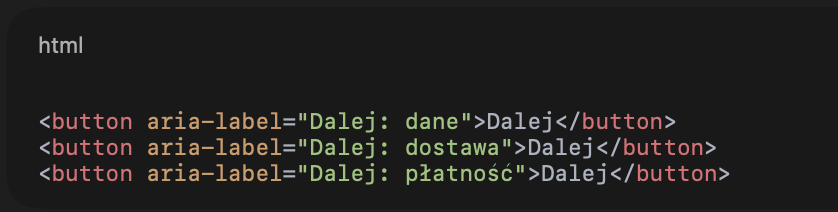 Fragment kodu HTML z trzema przyciskami o różnych etykietach aria-label
