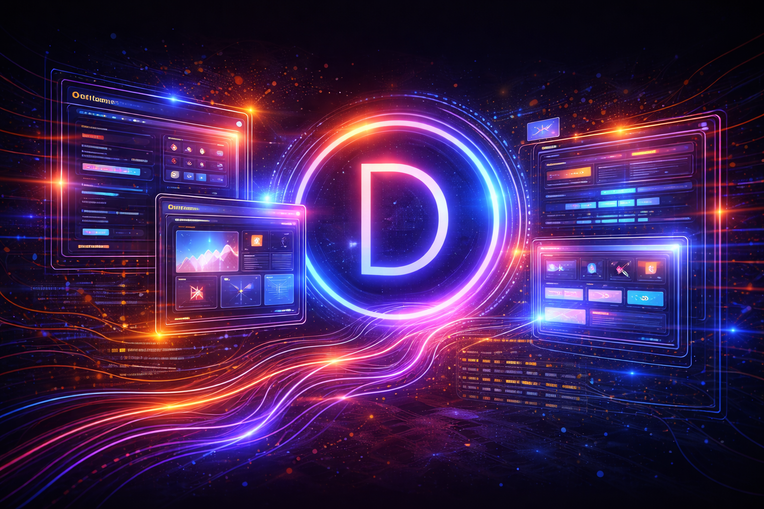 Premiera Divi 5 Dynamiczne cyfrowe okna z panelem Divi 5 otaczają dużą literę D w neonowym okręgu na ciemnym tle