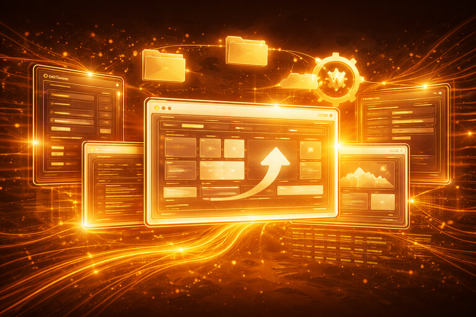 Wirtualne okna przeglądarki i foldery połączone ikoną zębatki symbolizujące aktualizacje online