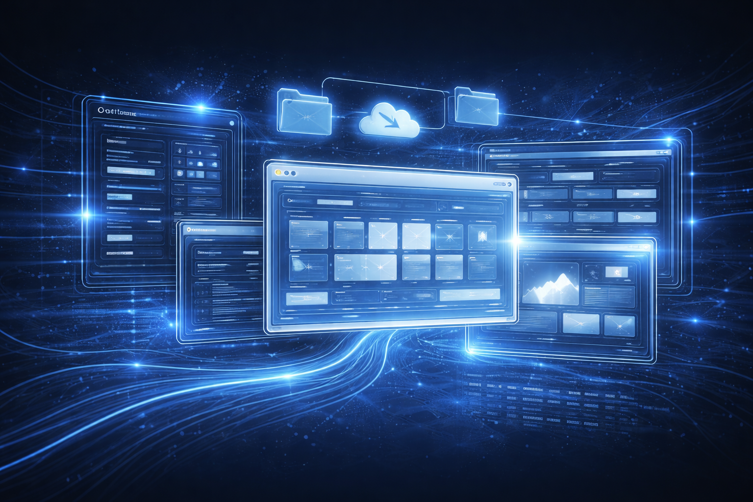 Wirtualne okna przeglądarki i foldery połączone ikoną chmury symbolizujące migrację danych online