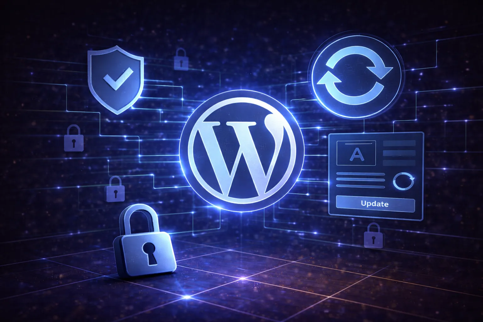 Bezpieczeństwo i aktualizacja WordPressa Logo WordPress otoczone ikonami kłódek, tarczy ochronnej oraz symbolu aktualizacji
