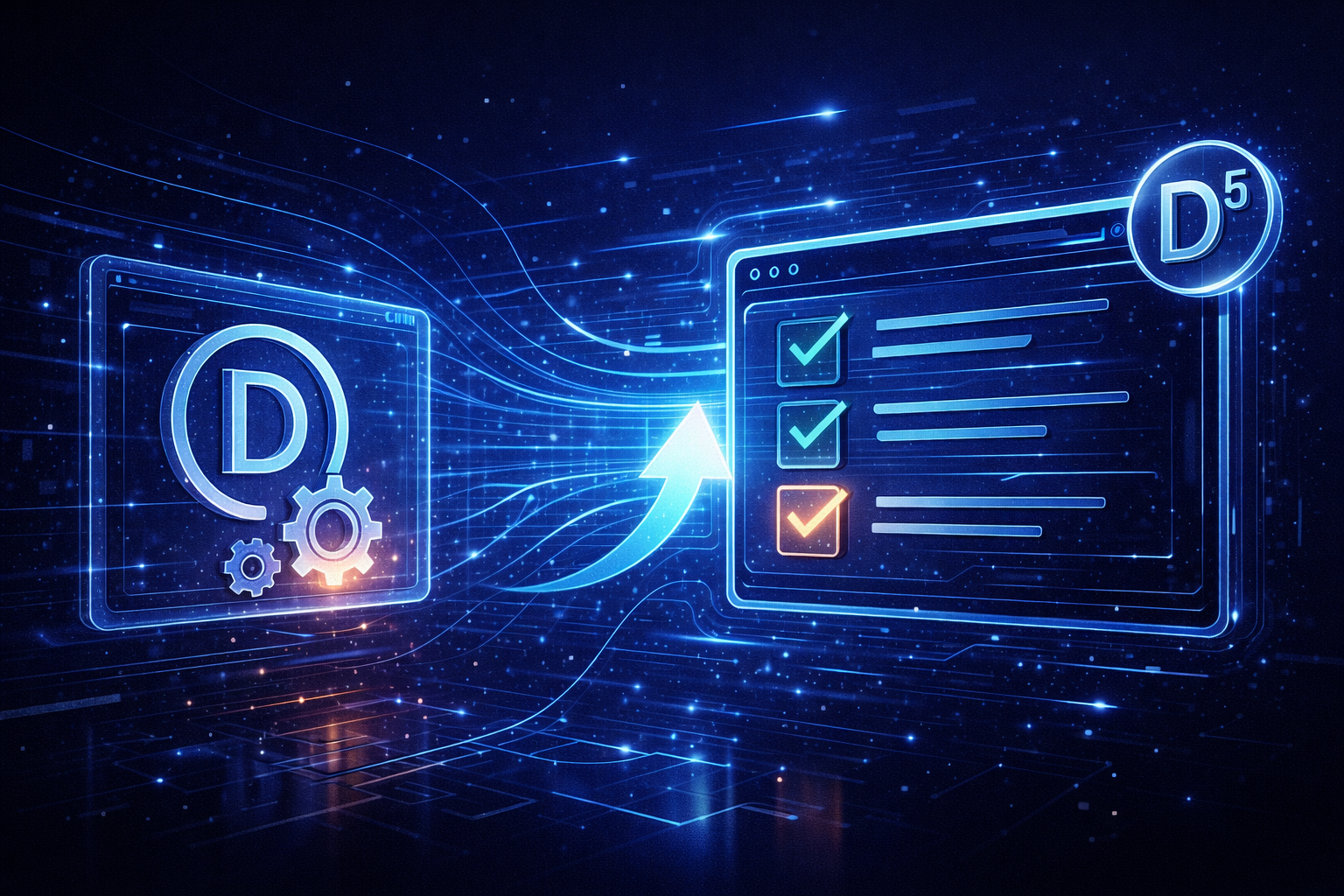 Abstrakcyjna grafika w chłodnych odcieniach niebieskiego symbolizująca Divi 5 Backward Compatibility, checklistę migracji i przejściowy stan między starą a nową architekturą buildera