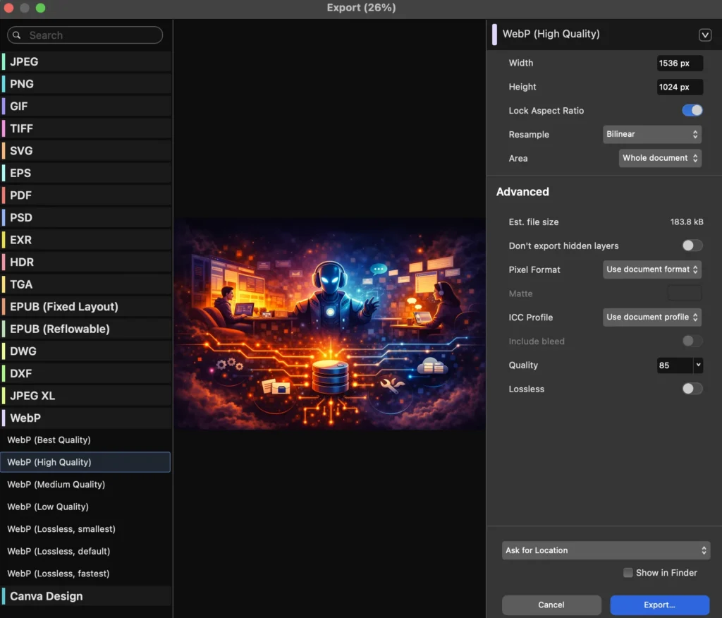 Do jakich formatów graficznych eksportuje Affinity