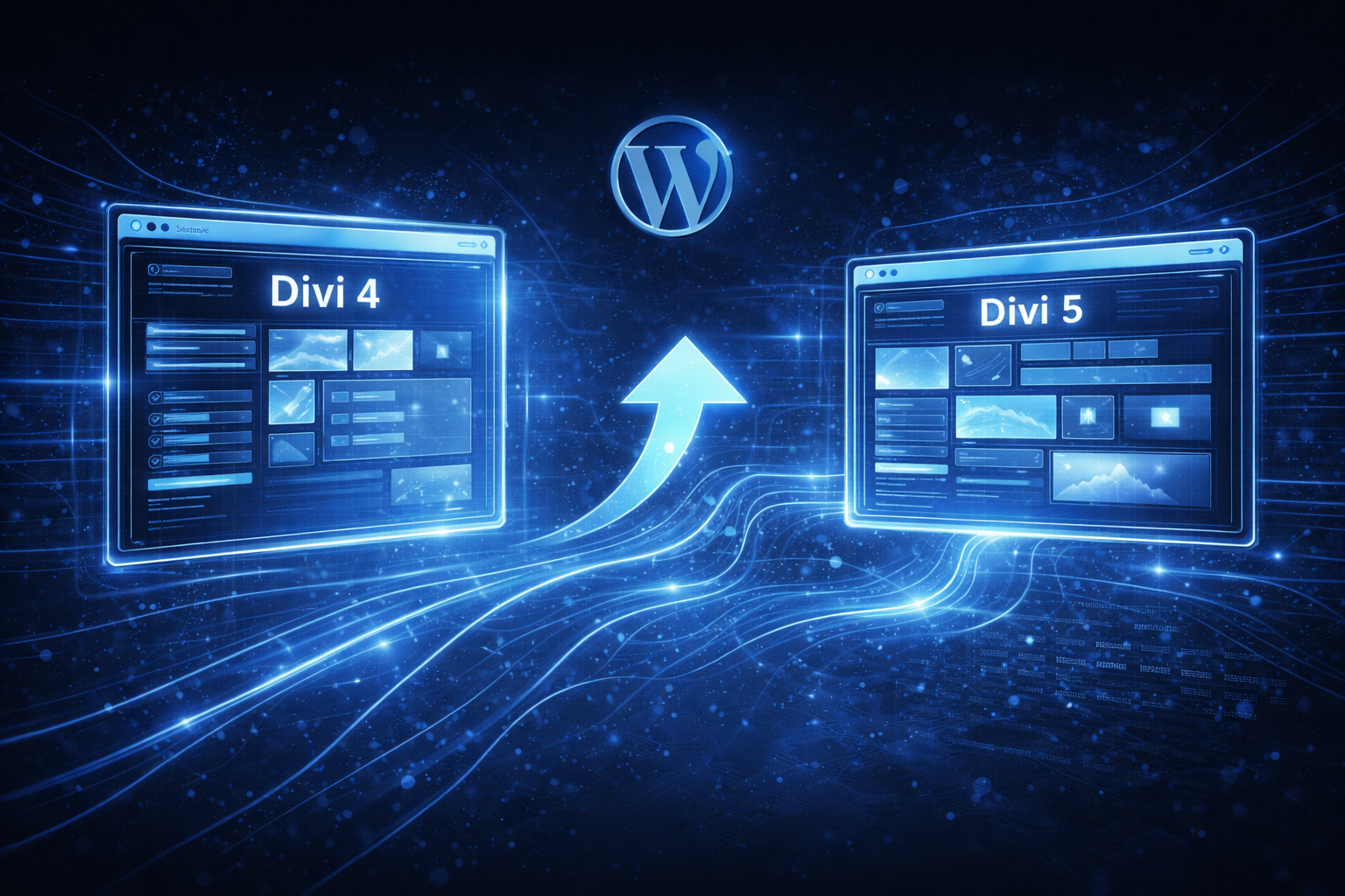 Abstrakcyjna grafika w chłodnych odcieniach niebieskiego symbolizująca migrację strony WordPress z Divi 4 do Divi 5