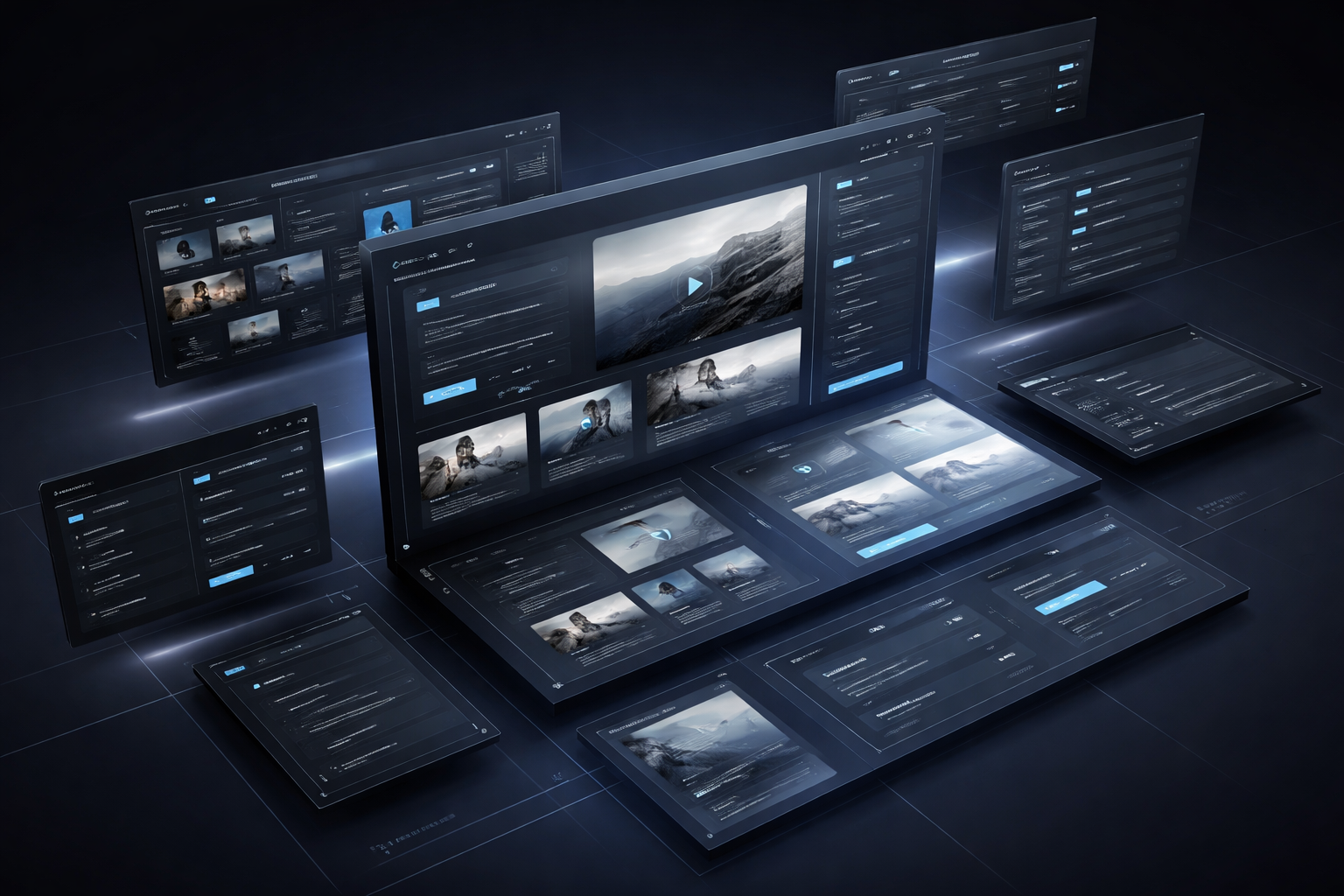 Abstrakcyjna grafika w chłodnych odcieniach niebieskiego symbolizująca Divi 5 Backward Compatibility, checklistę migracji i przejściowy stan między starą a nową architekturą buildera