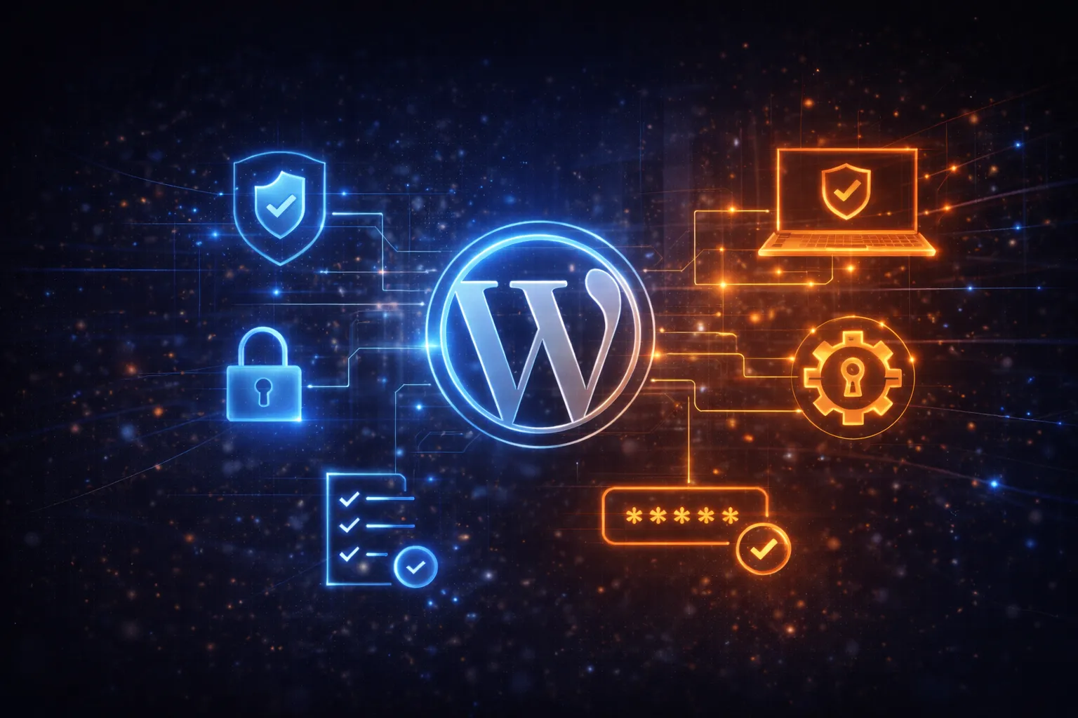 Logotyp WordPress otoczony ikonami bezpieczeństwa w neonowych niebieskich i pomarańczowych kolorach na ciemnym tle