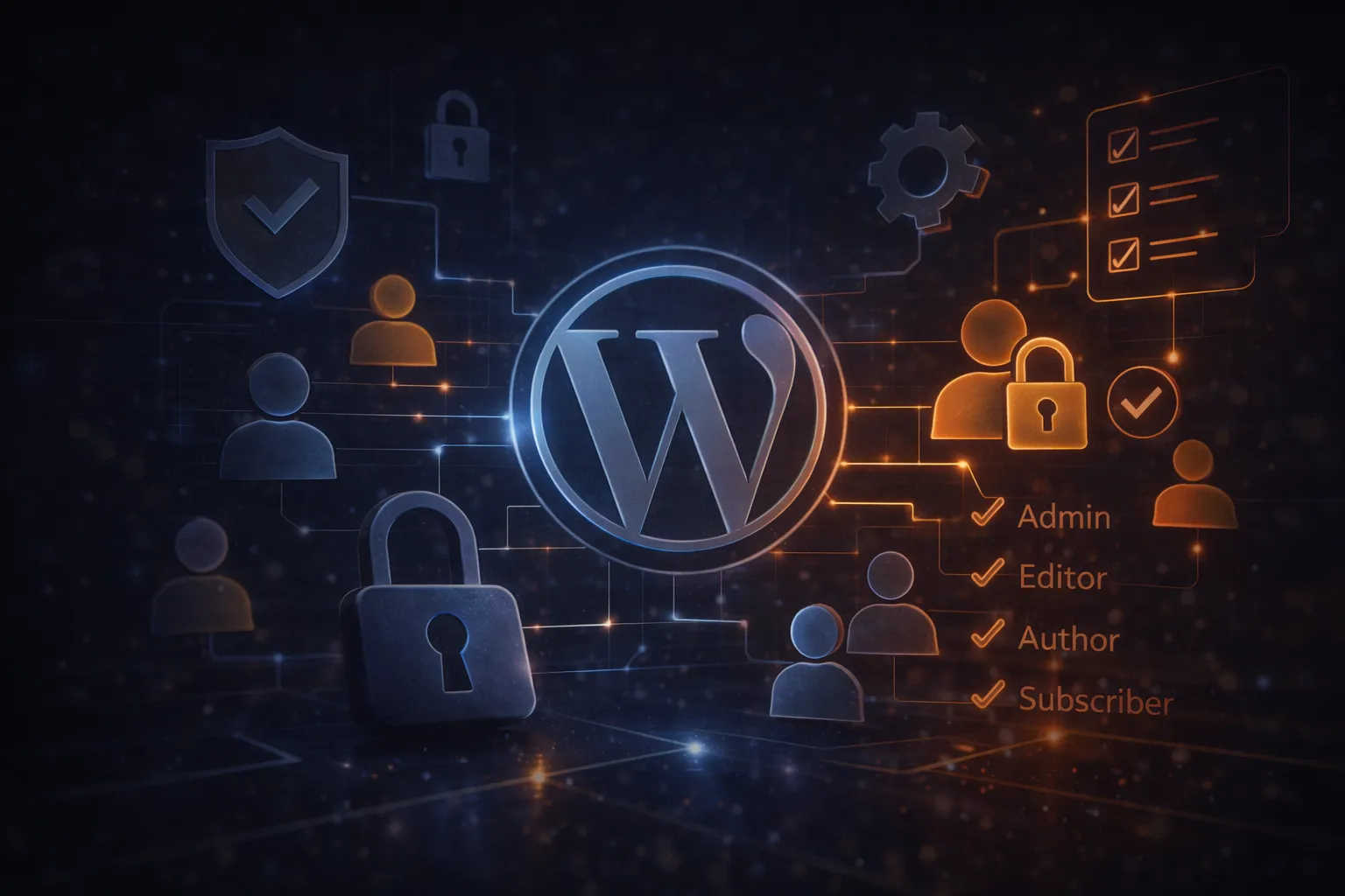 Schemat ról użytkowników WordPress z ikonami osób, kłódek i listą ról admin, editor, author, subscriber