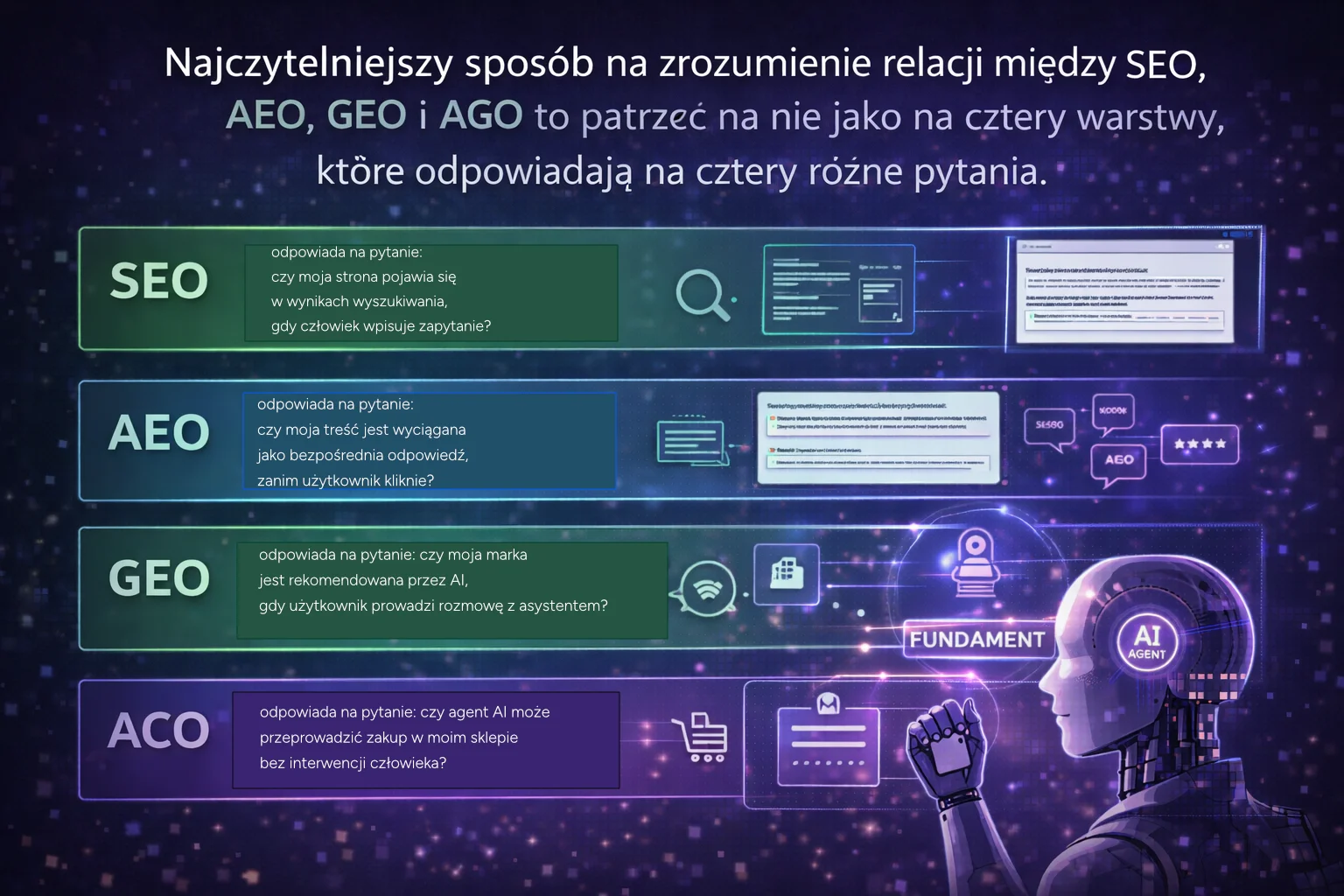 Najczytelniejszy sposób na zrozumienie relacji między SEO, AEO, GEO i ACO to patrzeć na nie jako na cztery warstwy, które odpowiadają na cztery różne pytania.