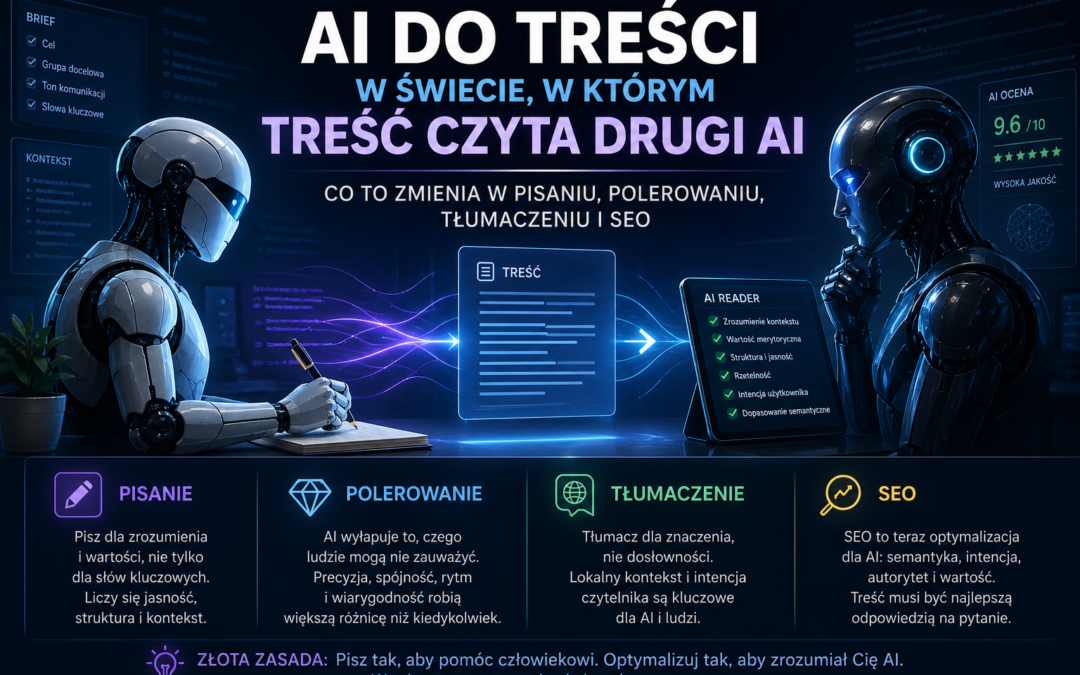 AI do treści w świecie, w którym treść czyta drugi AI — co to zmienia w pisaniu, polerowaniu, tłumaczeniu i SEO