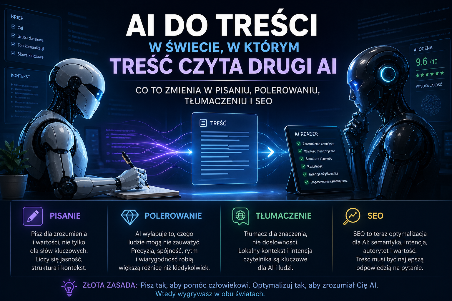 AI do treści w świecie, w którym treść czyta drugi AI — co to zmienia w pisaniu, polerowaniu, tłumaczeniu i SEO