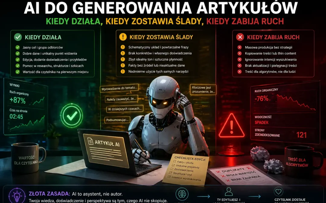 AI do generowania artykułów — kiedy działa, kiedy zostawia ślady, kiedy zabija ruch