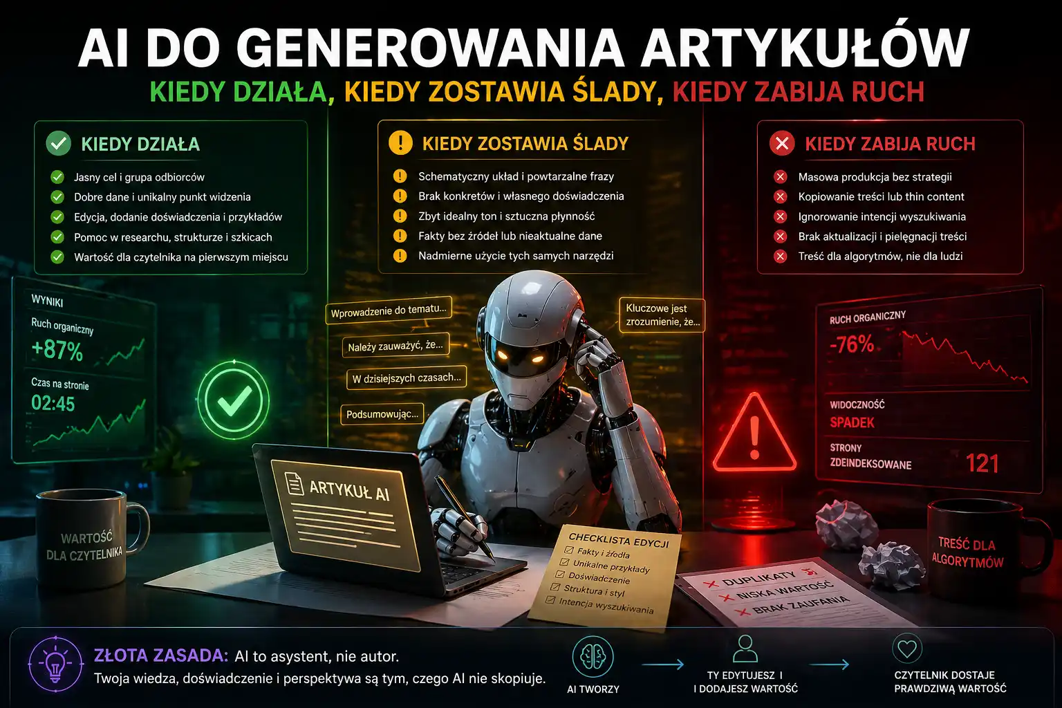 AI do generowania artykułów — kiedy działa, kiedy zostawia ślady, kiedy zabija ruch
