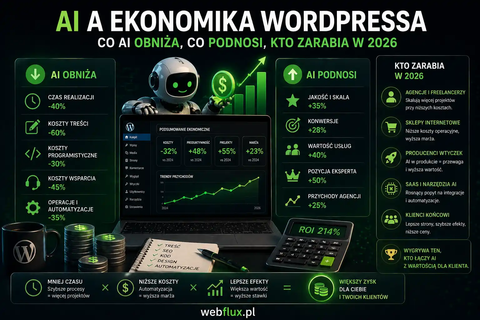 AI a ekonomika WordPressa — co AI obniża, co podnosi, kto zarabia w 2026