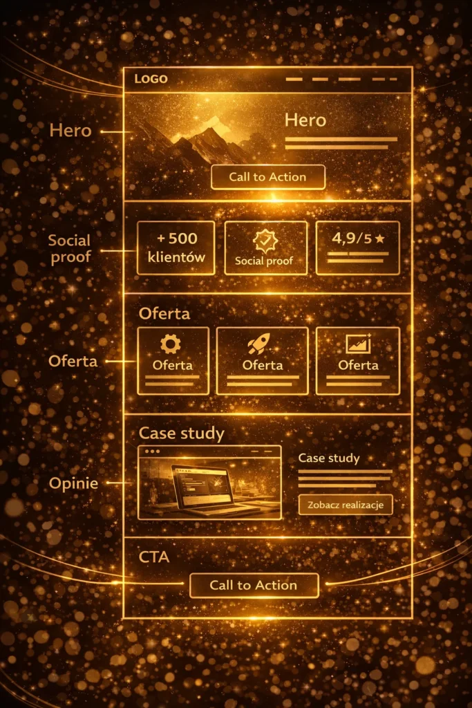 hero → zaufanie → oferta → case study → opinie → końcowe CTA hero → zaufanie → oferta → case study → opinie → końcowe CTA