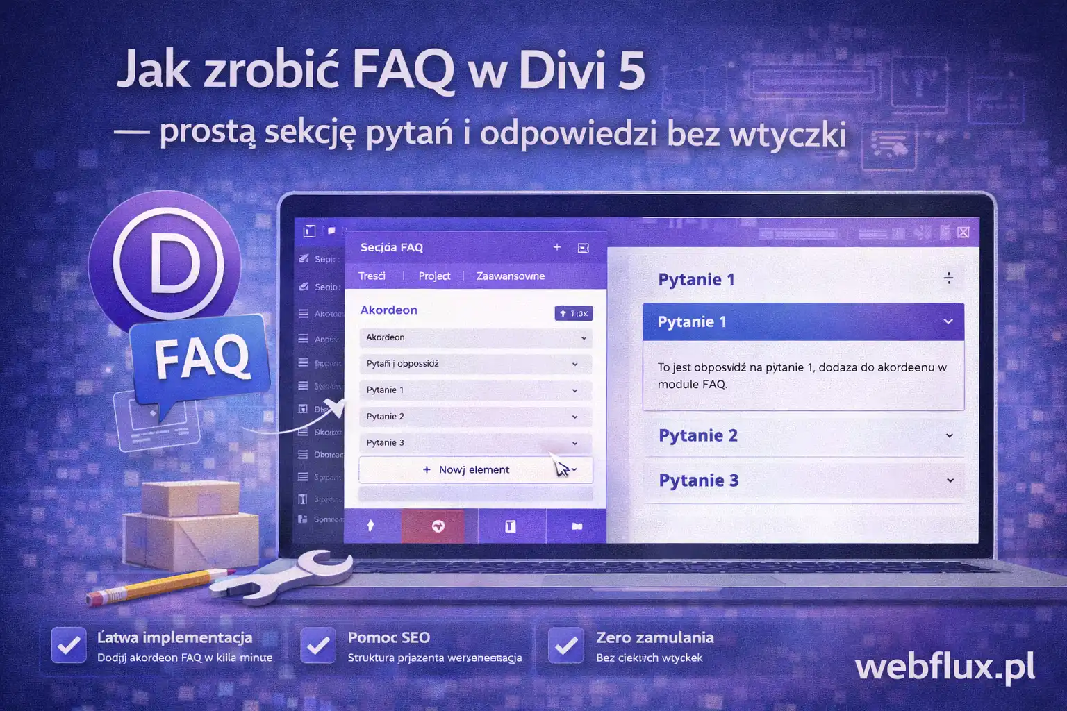 Jak zrobić FAQ w Divi 5 — prostą sekcję pytań i odpowiedzi bez wtyczki