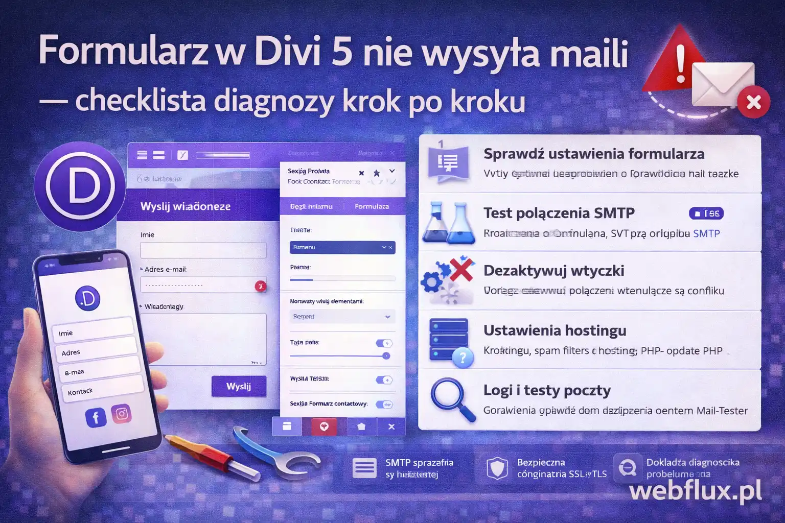 Formularz w Divi 5 nie wysyła maili — checklista diagnozy krok po kroku