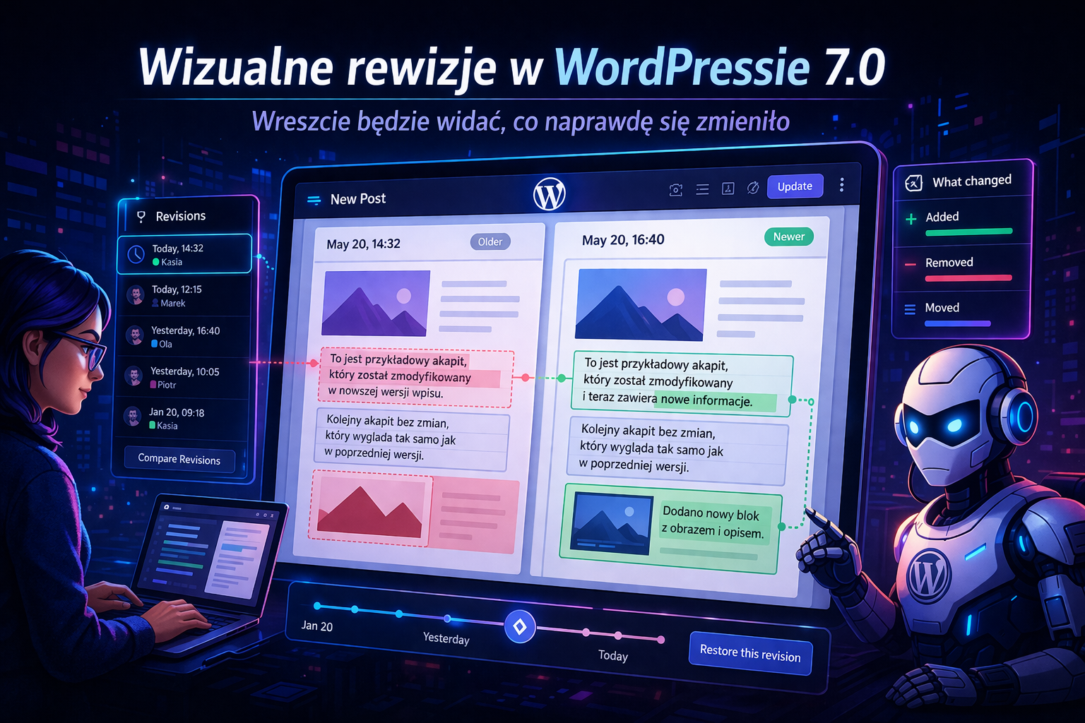 Jednym z mniej efektownych na pierwszy rzut oka, ale bardzo ważnych tematów w WordPressie 7.0 są wizualne rewizje