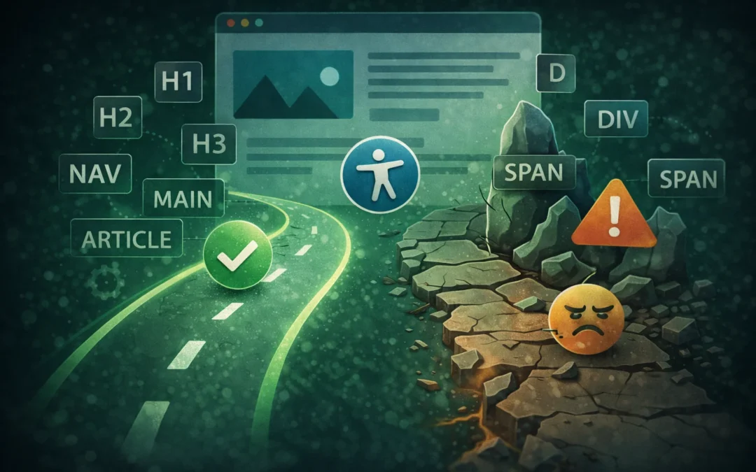 Semantyka bardzo często pojawia się w rozmowie o dostępności jako pierwszy ważny krok. I słusznie — bo jeśli strona jest zbudowana sensownie, od razu łatwiej ją zrozumieć, czytać i interpretować zarówno człowiekowi, jak i technologiom wspomagającym.