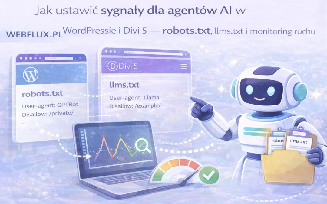 Jak ustawić sygnały dla agentów AI w WordPressie i Divi 5 — robots.txt, llms.txt i monitoring ruchu