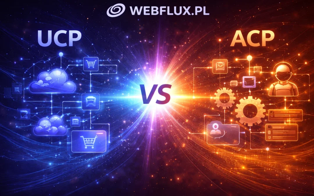 Universal Commerce Protocol (UCP) i Agentic Commerce Protocol (ACP) to dwa standardy, które w ciągu ostatnich miesięcy wyznaczają kierunek agentycznego handlu. Pierwszy ogłosiło Google w styczniu 2026 roku we współpracy z Shopify, Walmart i dziesiątkami partnerów z branży płatniczej. Drugi powstał wcześniej — OpenAI i Stripe zaprezentowali ACP w październiku 2025 roku razem z funkcją Instant Checkout w ChatGPT.