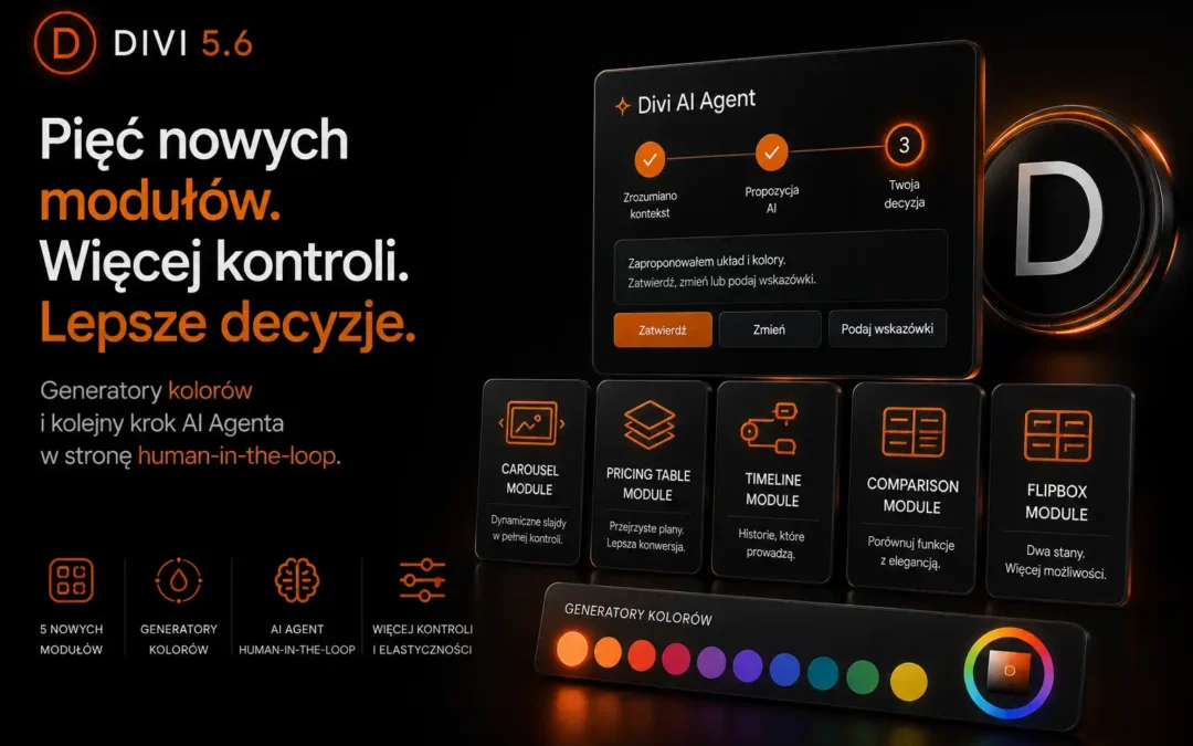 Divi 5.6 release — pięć nowych modułów, generatory kolorów i kolejny krok AI Agenta w stronę human-in-the-loop
