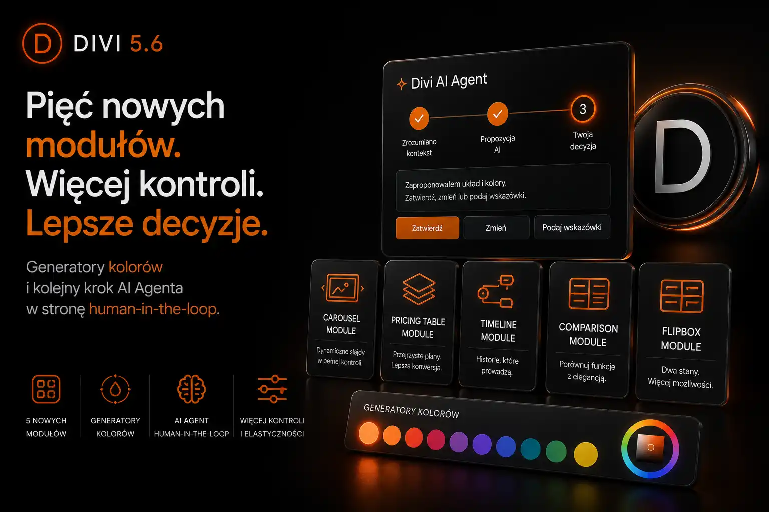Divi 5.6 release — pięć nowych modułów, generatory kolorów i kolejny krok AI Agenta w stronę human-in-the-loop Divi 5.6 release — pięć nowych modułów, generatory kolorów i kolejny krok AI Agenta w stronę human-in-the-loop
