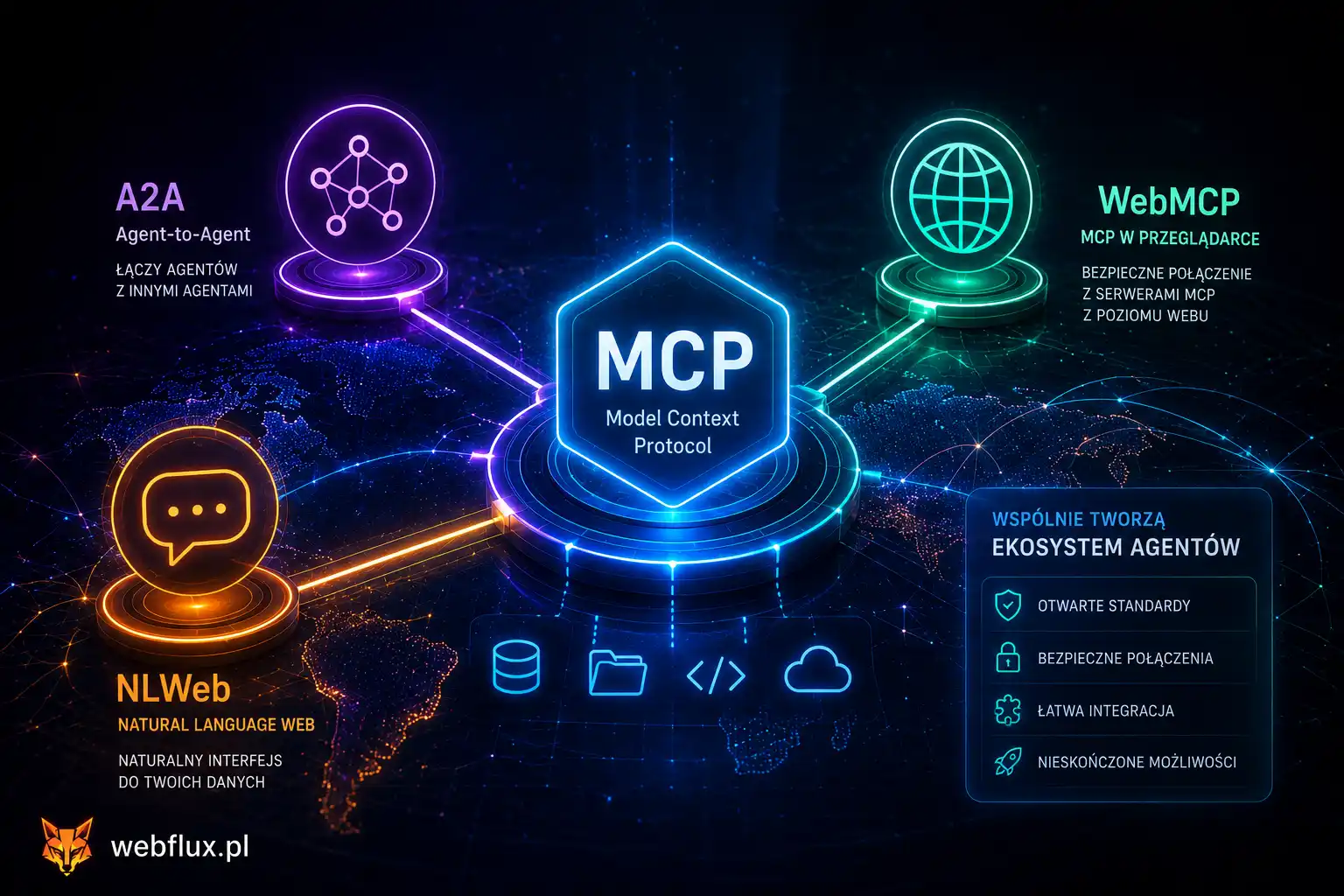 Mapa protokołów agentowych — MCP, A2A, WebMCP, NLWeb i gdzie każdy pasuje