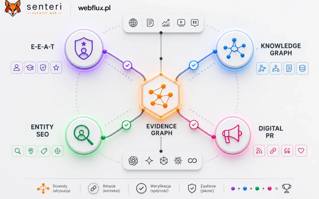 Evidence graph na tle E-E-A-T, knowledge graph, entity SEO i digital PR — mapa rozgraniczeń